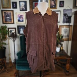 Vest Denim & Co Brown Faux Suede Leather Collar Zip Front Utility Mens Large‎ L